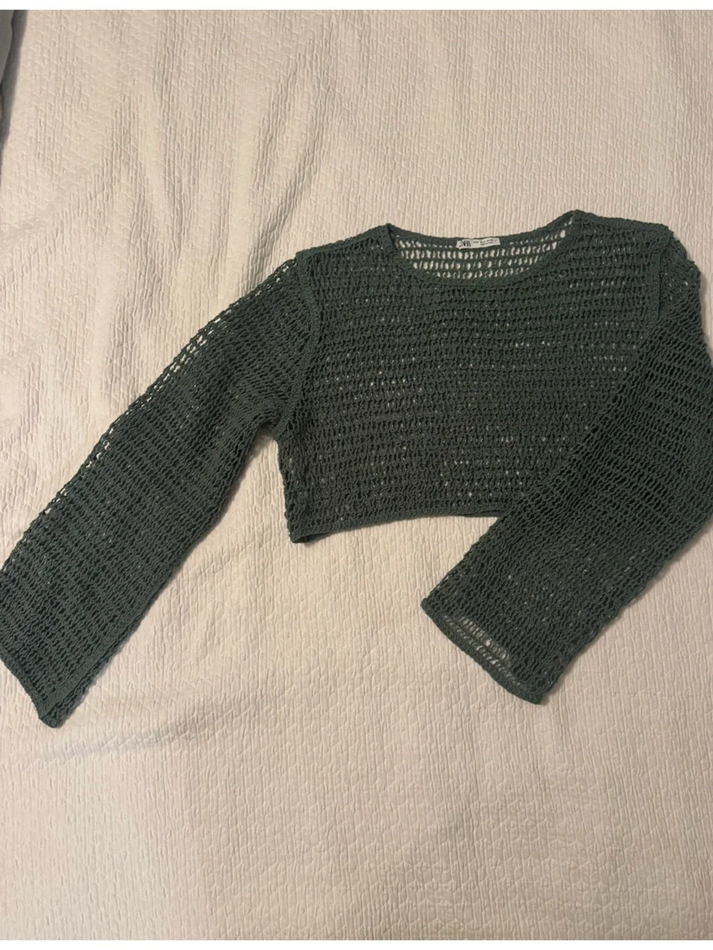 Zara Crochet Long-Sleeve Crop Top - Dark Green - Size Medium